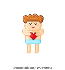 A child hugging a heart pixel art. Vector illustration. Valentine's Day.