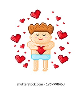 A child hugging a heart pixel art. Vector illustration. Valentine's Day.