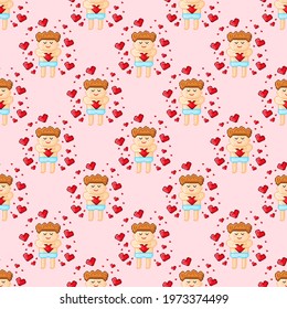 A child hugging a heart in pixel art. Vector illustration. Valentine's Day. Seamless pattern.