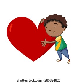 Child hugging heart, vector, isolated