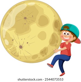 Un niño abrazando una luna Grande y brillante