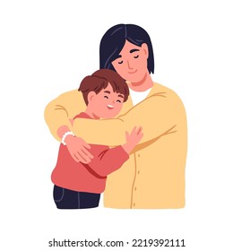 Niño abrazando a madre. Feliz niño y mamá sintiendo amor, alegría. Padres preocupados por un niño sonriente. Familia, mujer adulta e hijo abrazando juntos. Ilustración vectorial plana aislada en fondo blanco