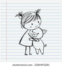 A child hugging a piglet on lined paper