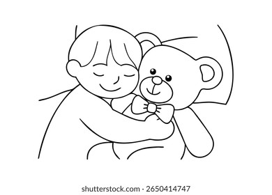 Child hugging teddy bear outline with closed eyes a bow tie on a embrace