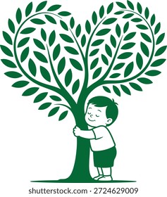 Niño abrazando el árbol, ilustración amistosa del concepto del amor de la Naturaleza