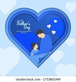 The child hugs his father. paper cut style in the shape of love. the concept of a happy international father's day, can be used for cards, posters, websites, brochure backgrounds. vector illustration.