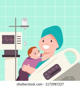 Child hugs a mother with cancer. Vector cartoon flat medical illustration of patients in a hospital room.