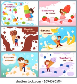 Child with ice cream vector illustration. Cartoon tiny girl boy kid character holding icecream waffle cone, happy children eat fruit or berry, banana chocolate dessert. Summer sweet food banner set