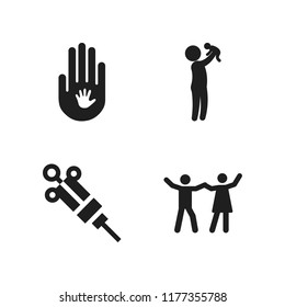 child icon. 4 child vector icons set. syringe, child hand on adult hand and playing icons for web and design about child theme