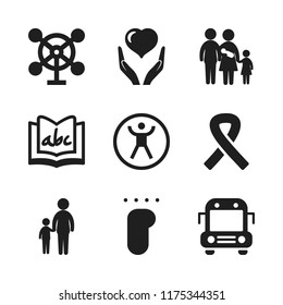 child icon. 9 child vector icons set. alphabet book, mother and son silhouettes and school bus icons for web and design about child theme