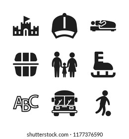 Child Icon. 9 Child Vector Icons Set. School Bus, Sleeping And Boy Silhouette Playing Soccer Icons For Web And Design About Child Theme