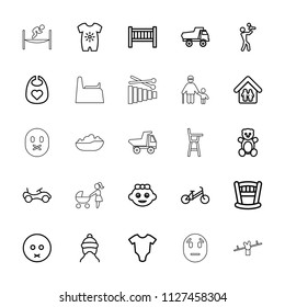 Child icon. collection of 25 child outline icons such as baby bed, teddy bear, baby onesie, bike, toy car, sad emoji, family home. editable child icons for web and mobile.