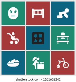Child icon. collection of 9 child filled icons such as baby bed, baby crawl, from toy for beach. editable child icons for web and mobile.