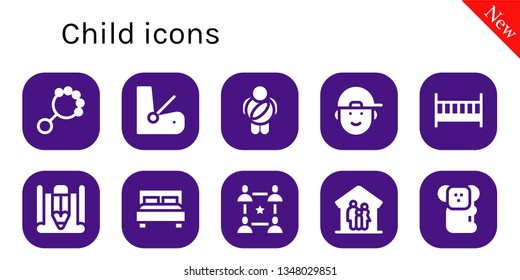 child icon set. 10 filled child icons.  Collection Of - Rattle, Seat, Childhood, Boy, Cot, Sketch, Double bed, Community, Family, Koala