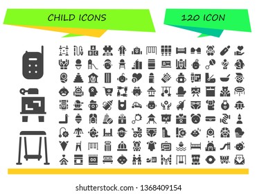 child icon set. 120 filled child icons.  Simple modern icons about  - Baby monitor, Swing, Drawing, Community, Toy, Autism, Pijama, Baby bag, Swings, Seat, Crib, Mitten, Teddy bear