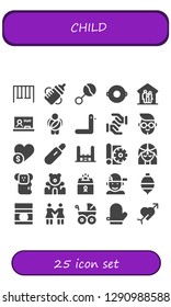  child icon set. 25 filled child icons. Simple modern icons about  - Swings, Feeding bottle, Rattle, Float, Family, Blackboard, Childhood, Duck, Solidarity, Boy, Charity, Pregnancy test