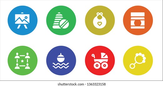 child icon set. 8 filled child icons.  Collection Of - Drawing, Community, Toys, Float, Baby bib, Baby carriage, Baby food, Rattle