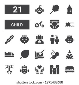 child icon set. Collection of 21 filled child icons included Double bed, Family, Donate, Baby, Puppet, Birthday girl, Fetus, Sketch, Cotton candy, Baby shoes, Child, Backpack