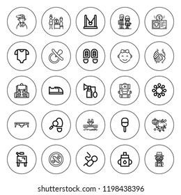Child icon set. collection of 25 outline child icons with baby clothes, baby girl, baby shoes, backpack, breast pump, charity, children, boy, drawing icons. editable icons.