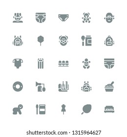 child icon set. Collection of 25 filled child icons included Double bed, Cotton candy, Dummy, Baby food, Baby, Backpack, Sketching, Breast pump, Float, Diaper, Seats, Floating