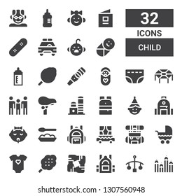 child icon set. Collection of 32 filled child icons included Draw, Cot, Backpack, Unity, Cotton candy, Baby clothes, Stroller, Carriage, Baby food, Baby, Birthday boy, Toy, Seat