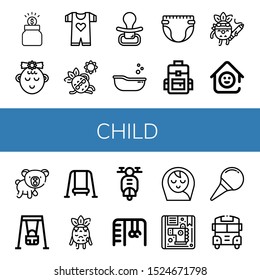 Child Icon Set. Collection Of Donation, Girl, Baby Clothes, Sunbathing, Pacifier, Baby Tub, Diaper, Backpack, Drawing, Laugh Room, Bear, Swing, Sad, Scooter, Monkey Bars Icons