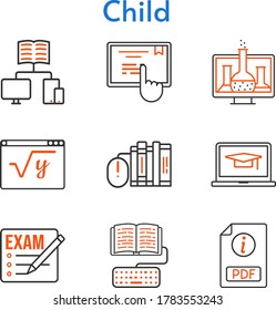 child icon set. included chemistry, exam, books, student, laptop, pdf, school, homework, maths, touchscreen icons. bicolor styles.