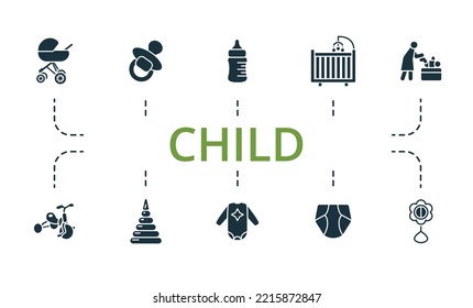 Child icon set. Monochrome simple Child icon collection. Stroller, Nipple, Bottle With Pacifier, Cot, Changing Table, Baby Bike, Baby Pyramid, Body, Diaper, Beanbag icon