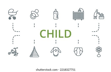 Child icon set. Monochrome simple Child icon collection. Stroller, Nipple, Bottle With Pacifier, Cot, Changing Table, Baby Bike, Baby Pyramid, Body, Diaper, Beanbag icon