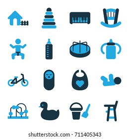 Child icons set. set of 16 child bi-color icons such as baby, baby bottle, pyramid, duck, bucket toy for beach, piano toy