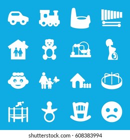 Child icons set. set of 16 child filled icons such as pacifier, baby bed, teddy bear, baby girl, toy car, train toy, child playground carousel, house, pregnant woman