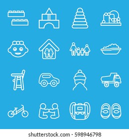 child icons set. Set of 16 child outline icons such as pyramid, baby girl, toy car, toy tower, backpack, family home
