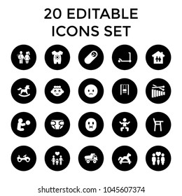 Child icons. set of 20 editable filled child icons such as baby, baby girl, bike, kick scooter, toy car, sad emot, family house. best quality child elements in trendy style.