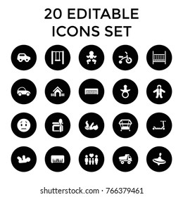 Child icons. set of 20 editable filled child icons such as pacifier, whirligig, toy car, piano toy, playpen, baby, sad emot, family, swing, baby bed, baby food, kick scooter