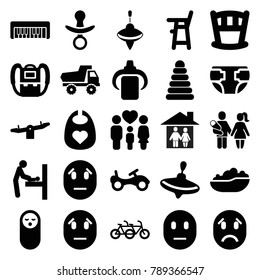Child icons. set of 25 editable filled child icons such as baby changing room, pyramid, baby food, bike, whirligig, toy car, swing, backpack, family bicycle, family, pacifier