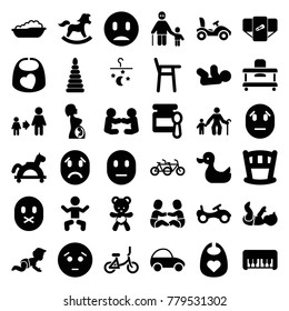 Child icons. set of 36 editable filled child icons such as baby, diaper, bike, piano toy, son and father, sad emot, toy horse, family bicycle, bear teddy, pregnant woman