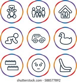 child icons set. Set of 9 child outline icons such as teddy bear, duck, toy car, child building kit, baby seat in car, baby crawl, family, family home