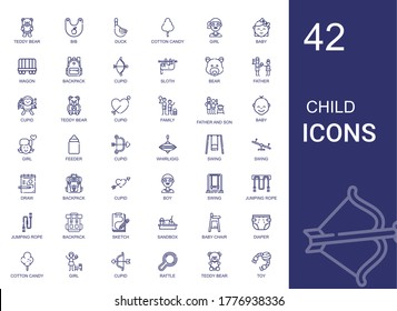 child icons set. Collection of child with teddy bear, bib, duck, cotton candy, girl, baby, wagon, backpack, cupid, sloth, bear, father, family. Editable and scalable child icons.