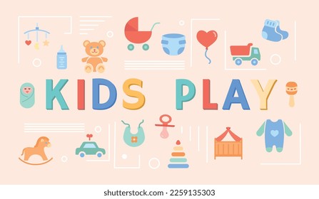 Child icons text. Collection of graphic elements for website. Toys, bear and car, rompers and pacifier. Entertainment and fun for kids. Cartoon flat vector illustrations isolated on beige background