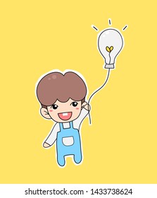 Child with idea balloon bulb flat vector illustration 