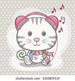 child illustration cute baby cat with music - vector