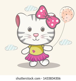 Child illustration with a cute cat with balloons  - vector