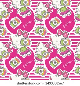 child illustration cute cat girl cartoon  seamless pattern - vector