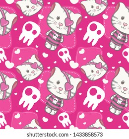 child illustration cute cat girl cartoon  seamless pattern - vector
