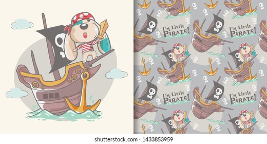 child illustration cute dog little pirate cartoon  seamless pattern- vector