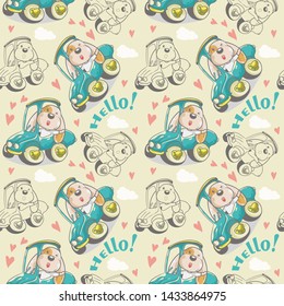 child illustration cute dog  on a green car with  seamless pattern - vector