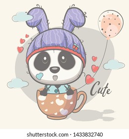 Child illustration with a cute panda with balloons  - vector