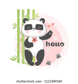 Child illustration with cute panda with flower with bamboo on a pink background and text - hello. Vector illustration.