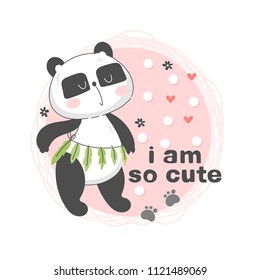 Child illustration with a cute panda in a skirt of leaves with a pink background and text - I am so cute. Vector illustration.