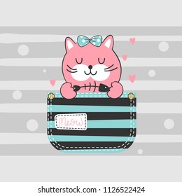 Child illustration with a cute pink cat sitting in a pocket with a skeleton fish in its paws in a vector.